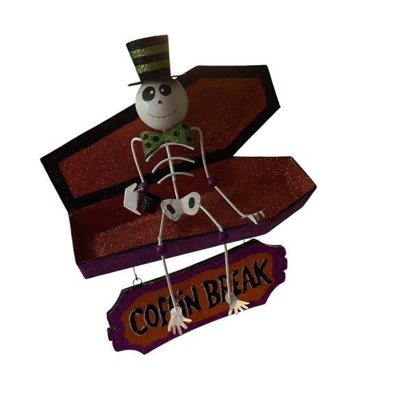 Pier 1 One Halloween Coffin Break Sign‎ Skeleton Decor Glitter Vintage Rare